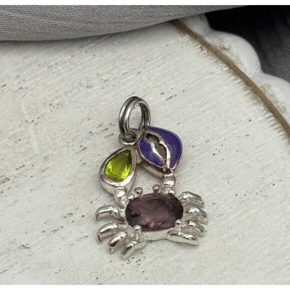 Sterling Rhodium Plated Peridot Pink Quartz Enamel Dungeness CRAB Small Charm 2G - Picture 2 of 5